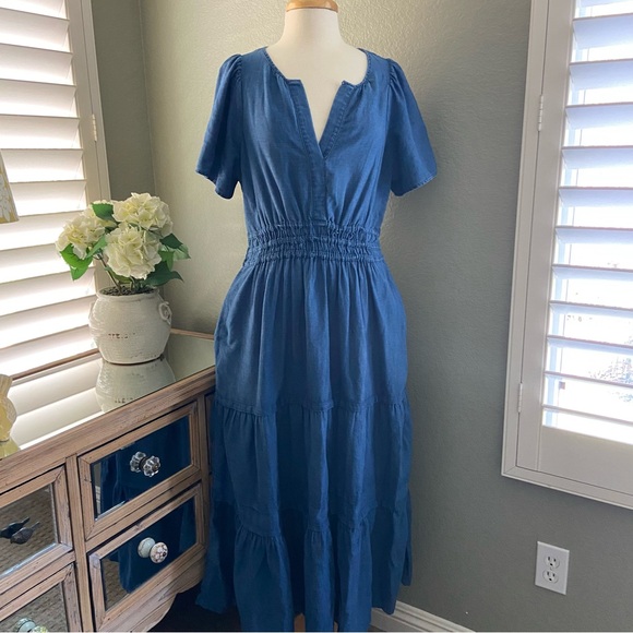 Anthropologie Somerset Maxi Dress Denim Chambray Western Tiered size L - Picture 10 of 16